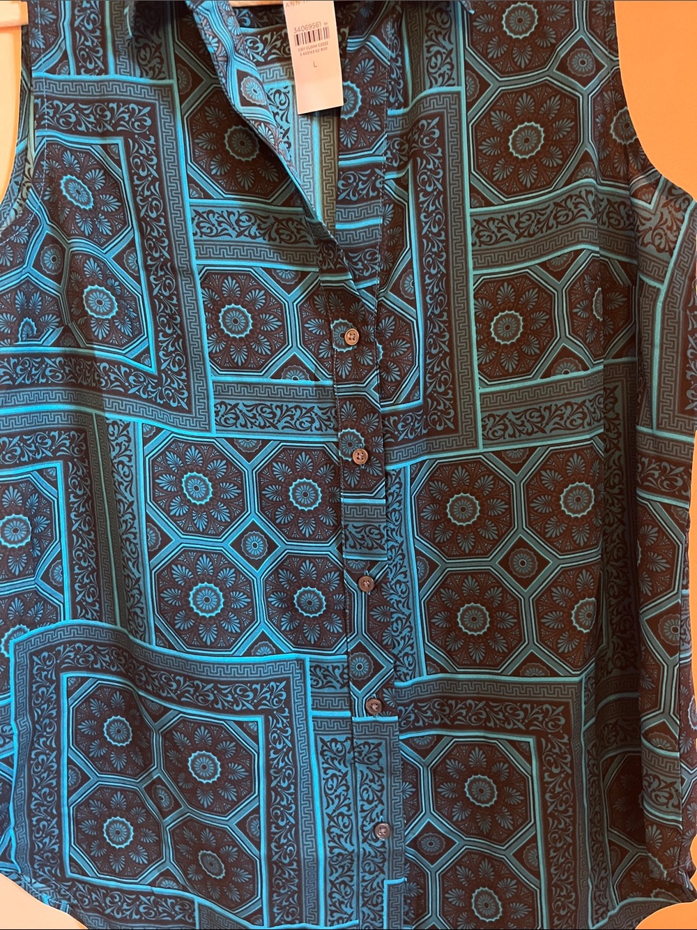 Ann Taylor Teal and Black Sleeveless Geometric Print Top - Picture 3 of 4
